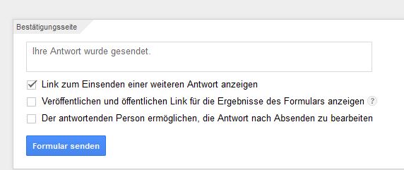 Screenshot der Einstellung “Bestätigungsseite” von Google Formular