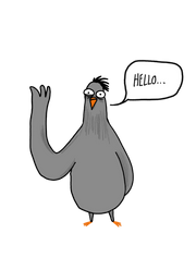 Das Bild zeigt eine gezeichnete Taube im Comicstil, die ihren rechten Flügel grüßend gehoben hat und in einer Sprechblase "hello" sagt.