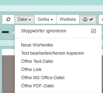 Das Bild zeigt das Menü Datei auf wortwolken.com.