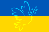 Das Bild zeigt eine ukrainische Flagge mit einer stilisierten Friedenstaube darauf.