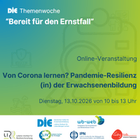 Das Bild zeigt die Veranstaltungsankündigung  zum Thema "Von Corona lernen? Pandemie-Resilienz (in) der Erwachsenenbildung