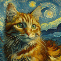 Das Bild zeigt das Portrait einer gemalten Katze im van Gogh Stil.