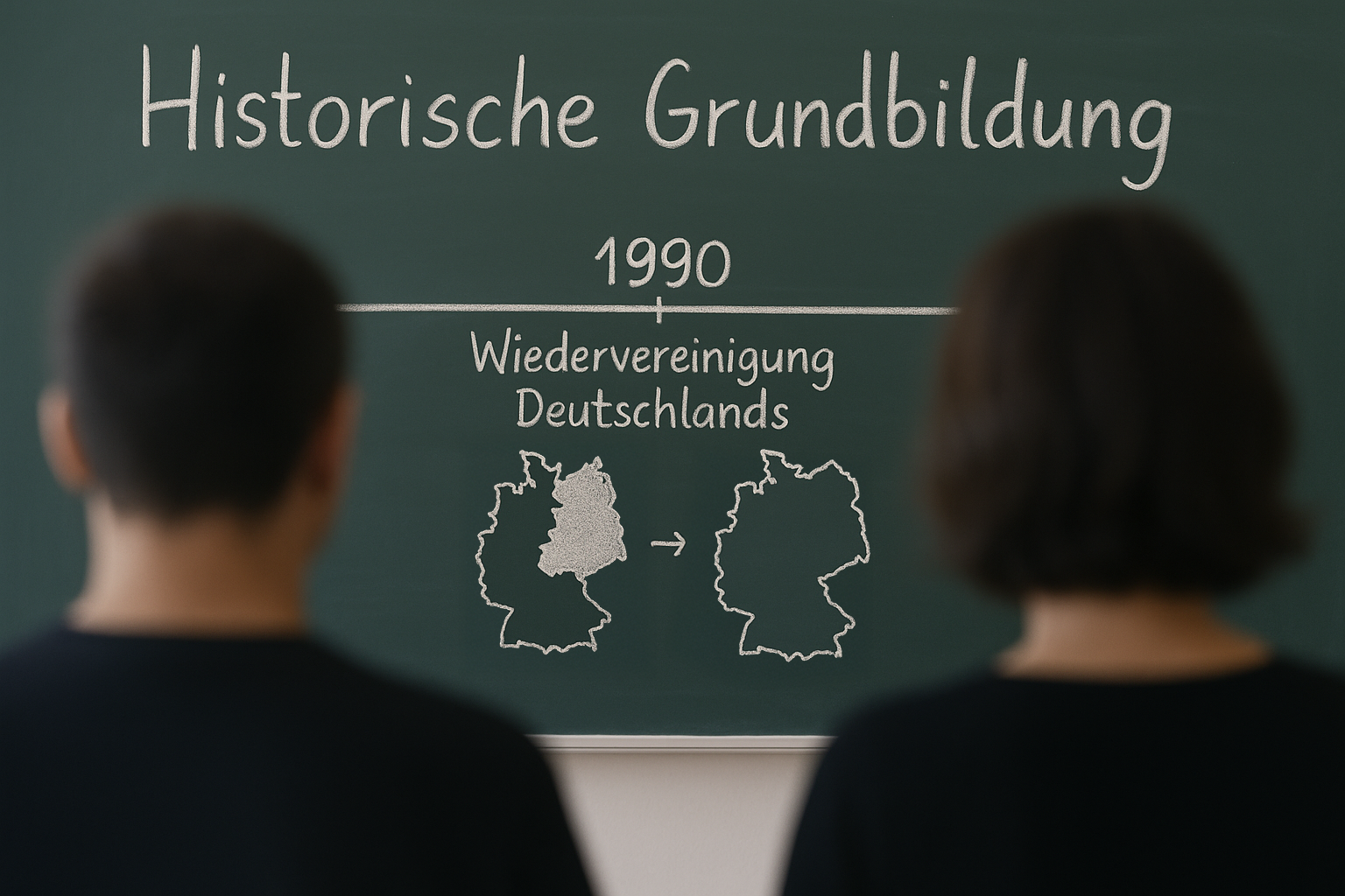 Beispielfoto: Historische Grundbildung; 2 Personen schauen auf eine Tafel, auf der die Zahl 1990 und Wiedervereinigung Deutschlands steht. Darunter sieht man ein geteiltes und ein vereintes Deutschland.