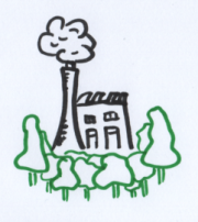 Das Bild zeigt eine gezeichnete Fabrik, die von grünen Bäumen umgeben ist.