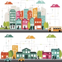 Eine grafische Darstellung einer Stadt mit Häusern, Straßen und Menschen