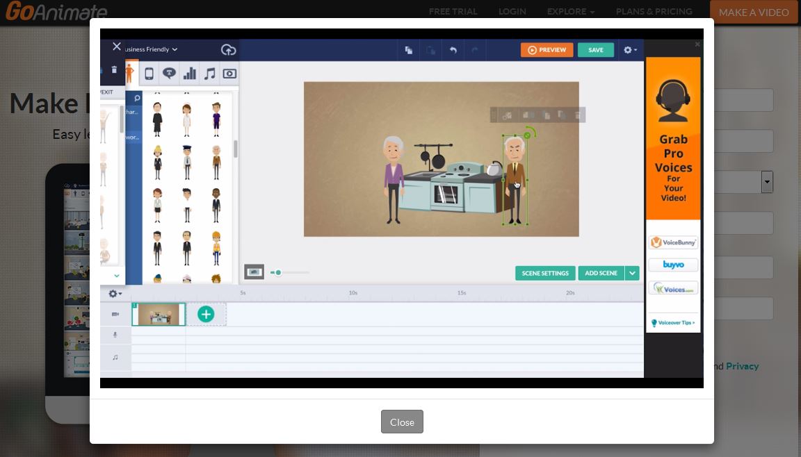 Screenshot mit Ansichten der Animationssoftware GoAnimate.