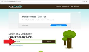 Das Bild zeigt einen Screenshot der Website www.printfriendly.com.