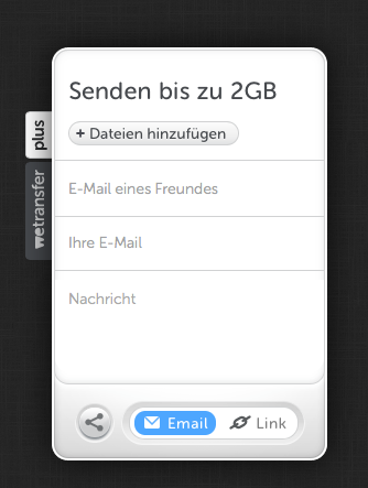 Screenshot Datentransfer-Eingabefenster bei WeTransfer –Freigabe per E-Mail.