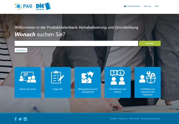Hier ist die Startseite der Produktdatenbank Alphabetisierung und Grundbildung abgebildet.