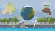 Das Bild zeigt eine Cartoon-Collage mit einer Weltkugel in der Mitte, im Hintergrund eine Großstadtskyline, einer Straße mit Bäumen im Vordergrund, auf der Wasser steht, außerdem auf der rechten Bildseite eine Hand, die einen Pflanzensätzling hält und auf der linken Bildseite eine Hand, die Geldscheine hält.