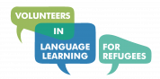 Bild: Logo "Volunteers in language learning for refugees" Das Bild zeigt das Logo von "Volunteers in language learning for refugees". Die Wörter des Projektnamens sind in blaue und grüne Sprechblasen vor weißem Grund dargestellt.
