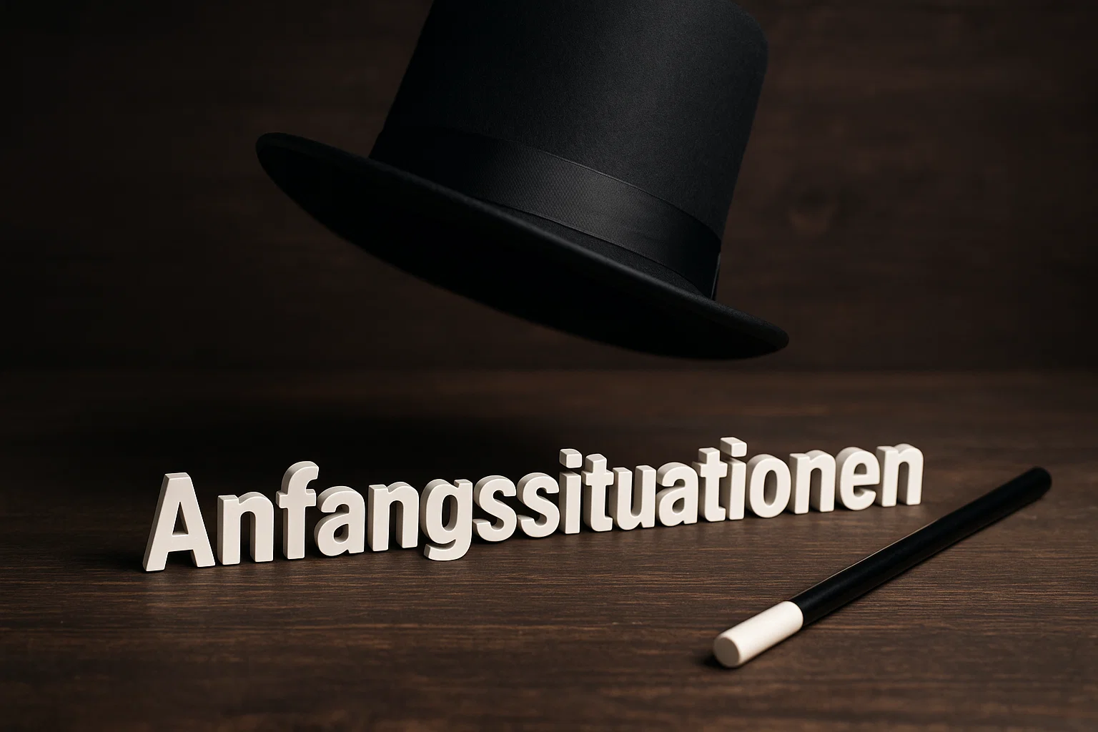 KI generiert: Das Bild zeigt einen Zauberhut und einen Zauberstab, die neben dem Wort "Anfangssituationen" arrangiert sind. Der düstere Hintergrund hebt das Thema Magie oder einen Zaubertrick hervor.