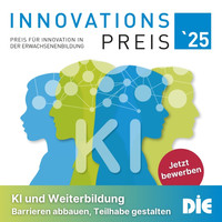 Das Bild zeigt das vier stilisierte Köpfe, die mit einem angedeuteten Netzwerk alle miteinander verbunden sind. Darunter prangen die Buchstaben KI. Darüber steht der Titel "Innovationspreis `25"