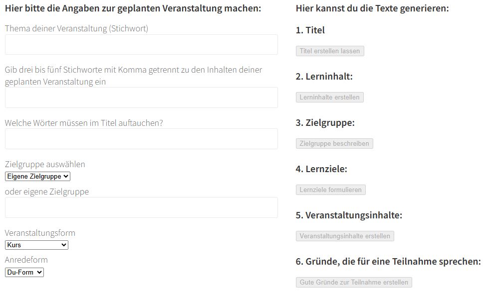 Formular des Ausschreibungstextgenerators (4M im Sportverein Bildungswerk des LSB RLP, Screenshot nicht unter freier Lizenz)