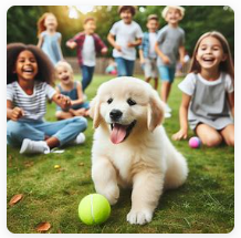 Das Bild zeigt eine Goldenretriever-Welpen und fröhliche Kinder im Hintergrund.