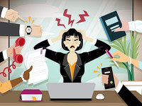  Illustration of a woman feeling stressed at work as people in the office try to get her attention