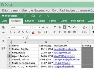 Das Bild zeigt einen Screenshot des Tabellentools von CryptPad.