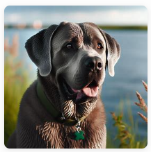 Das Bild zeigt das Portrait eines grauen Hundes mit unscharfer Wasserfläche und Grün im Hintergrund.