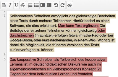 Screenshot eines Etherpads. Zu sehen ist viel Text der teilweise durchgestrichen ist.