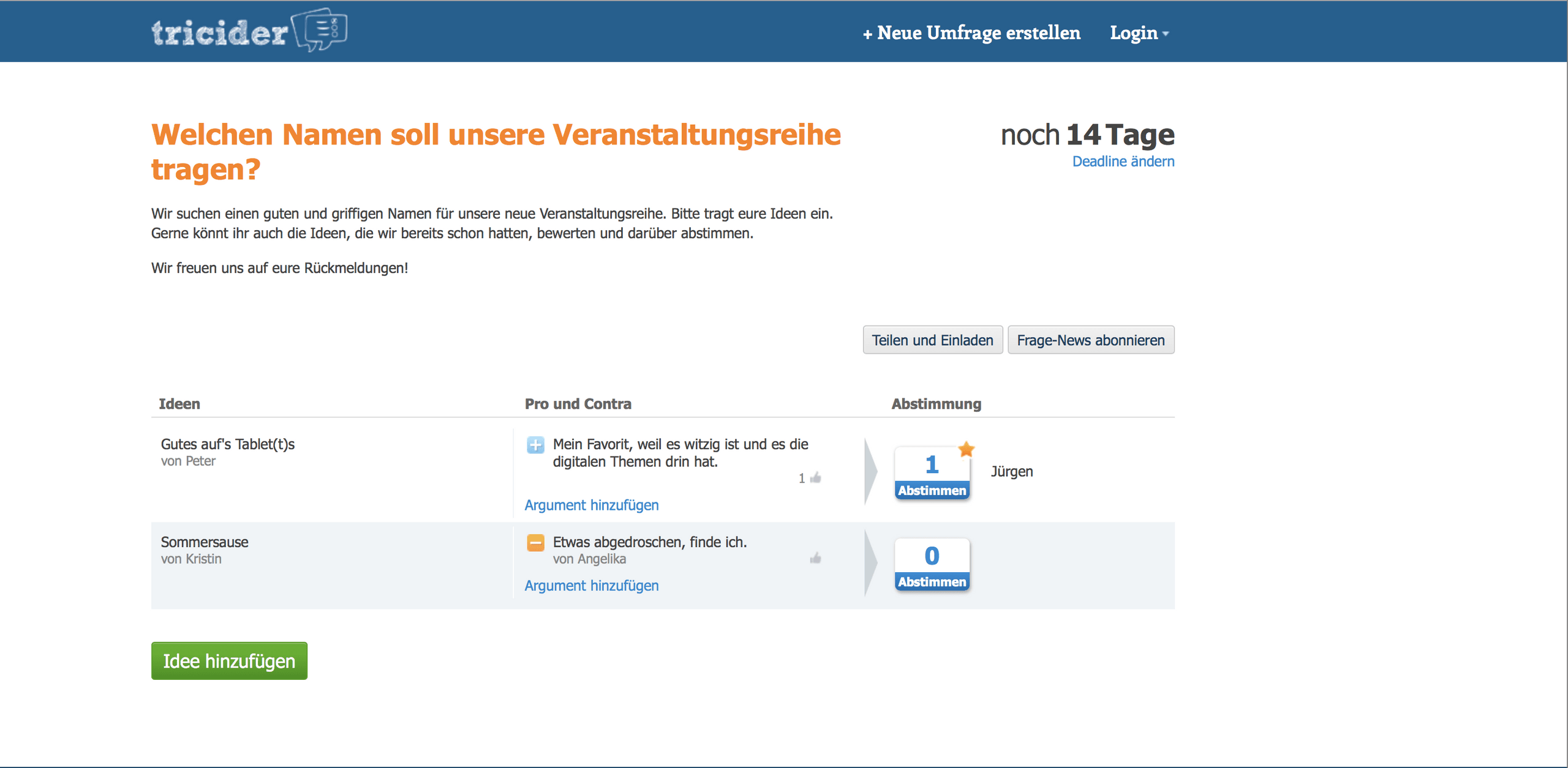Tricider Frageseite Screenshot einer Frageseite bei Tricider