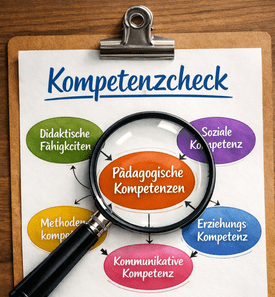 Ansichtsgrafik: Eine Lupe überprüft verschiedene pädagogische Kompetenzen