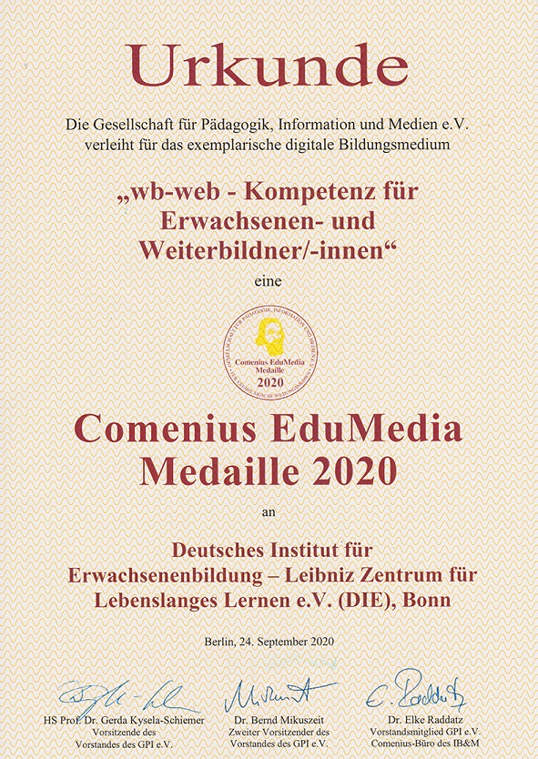 Urkunde Comenius Award 2020 für wb-web