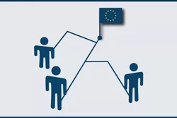 Das Bild zeigt drei animierte Personen, die mit Linien mit einer Europaflagge verbunden sind.
