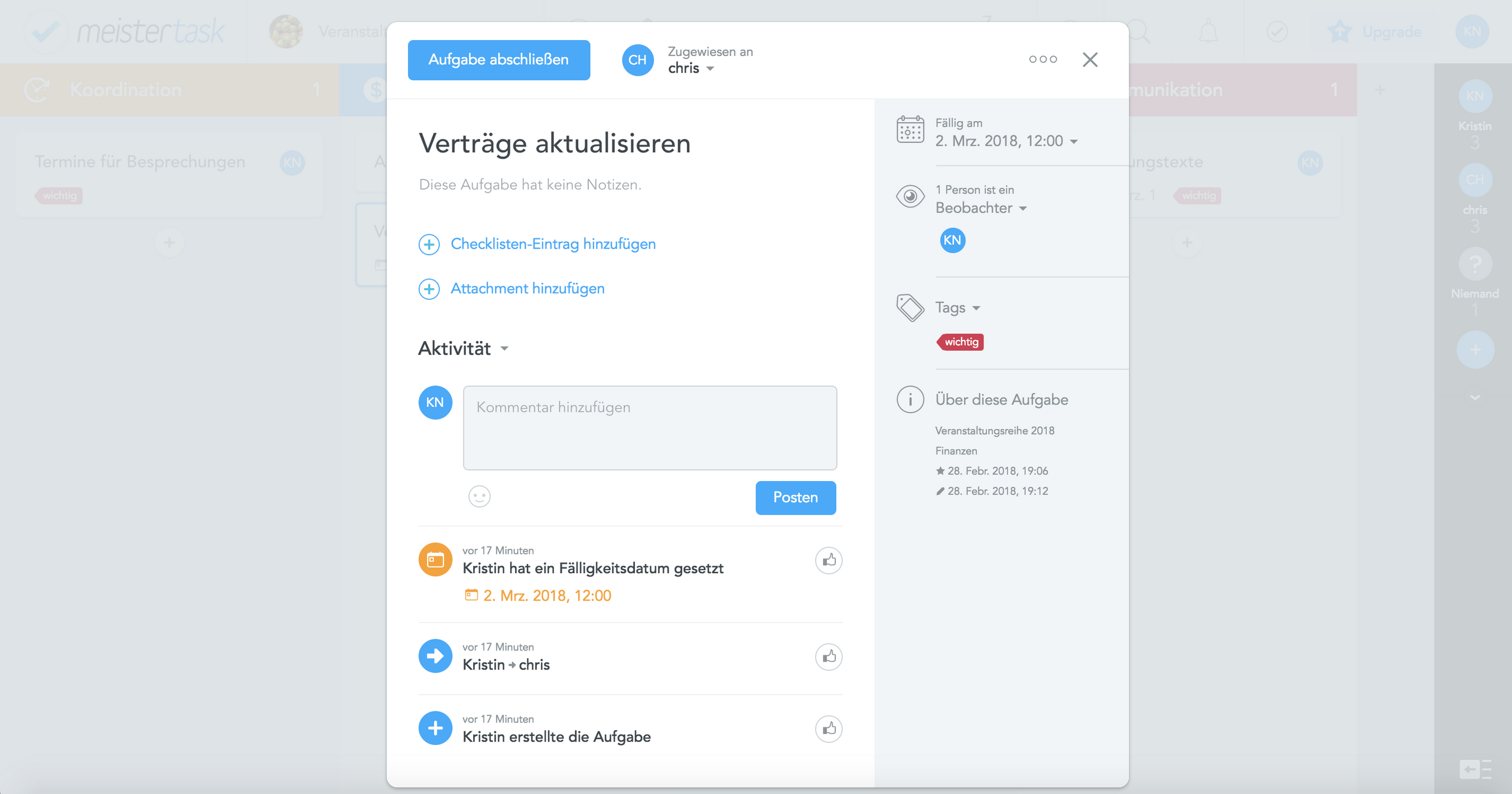 Screenshot Meistertask Aufgabenkarten