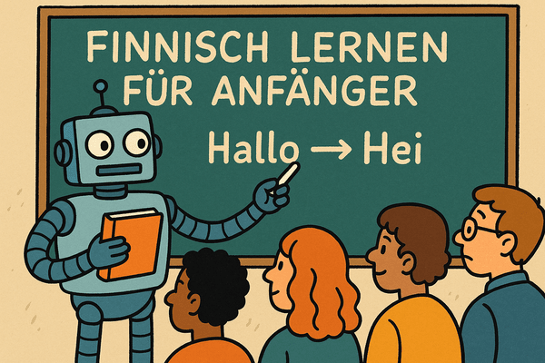 Ansichtsgrafik: Ein Roboter erklärt an der Tafel einer Gruppe Menschen finnische Vokabeln. Ansichtsgrafik: Ein Roboter erklärt an der Tafel einer Gruppe Menschen finnische Vokabeln.