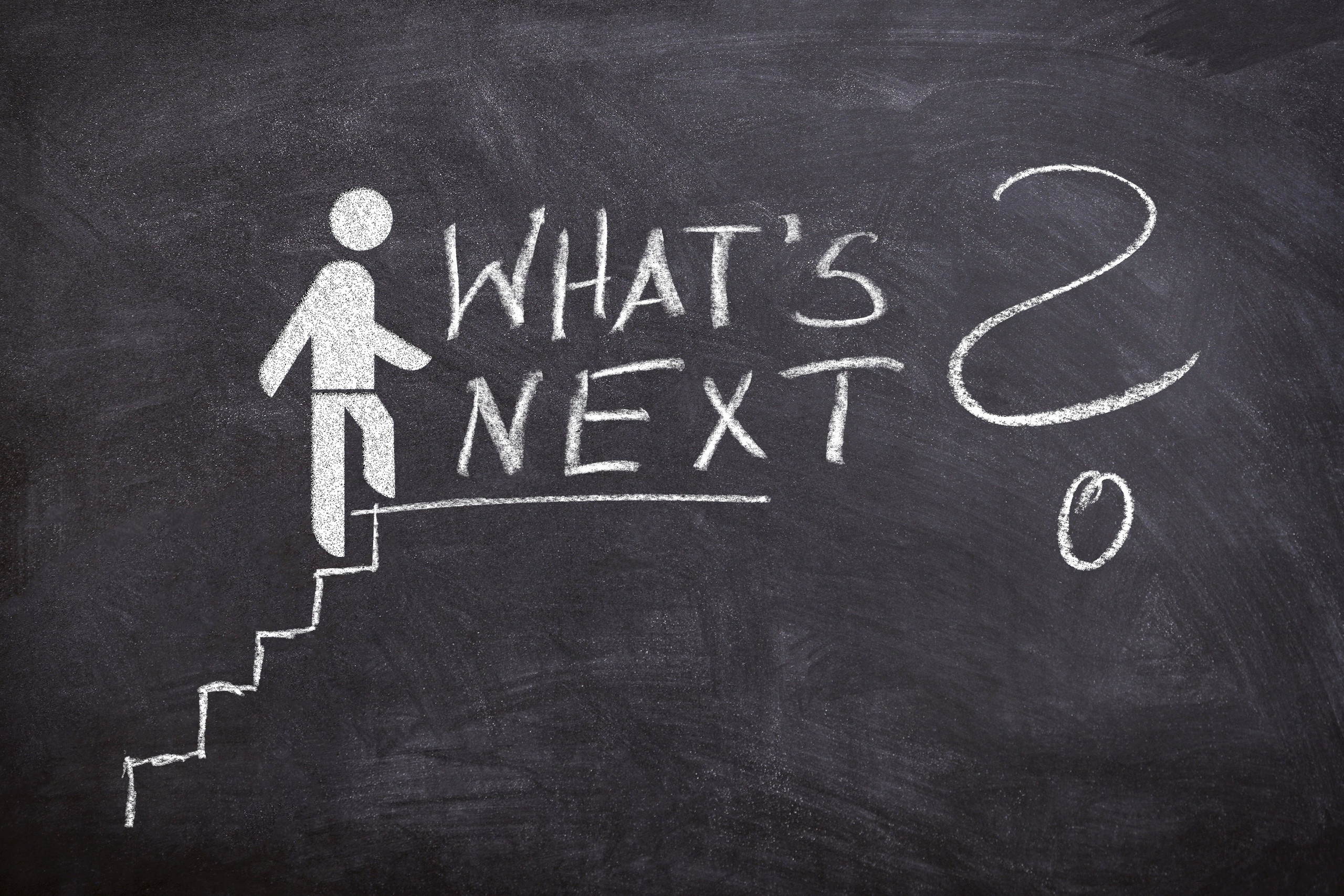 Die Zeichnung von Gerd Altmann zeigt eine Person, die eine Treppe hochläuft und fragt: "What's next?"