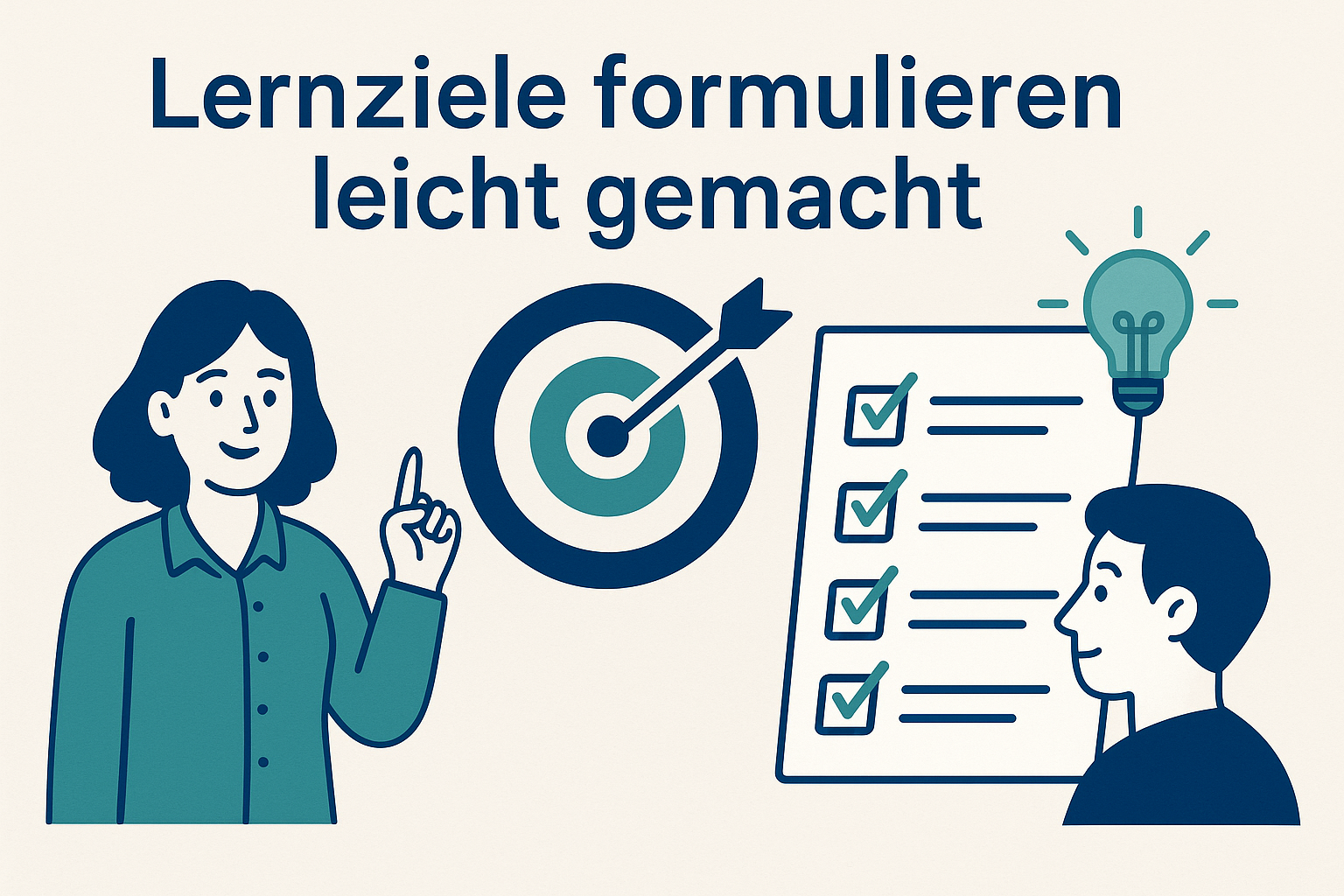 Ansichtsgrafik: Eine Person erklärt einer anderen Person etwas, in der Mitte eine Zielscheibe und eine Checkliste. Ansichtsgrafik: Eine Person erklärt einer anderen Person etwas, in der Mitte eine Zielscheibe und eine Checkliste.