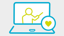 Das Bild zeigt einen Laptop mit einer Lehrperson und einem Herzen