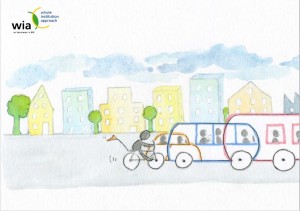 Das Bild zeigt eine gezeichnete Straßenzeile und einen Menschen auf einem Fahrrad, der einen Bus überholt.