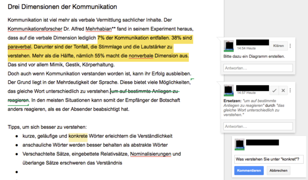 Screenshot der Kommentar- und Vorschlagmodus-Funktionen in Google Docs