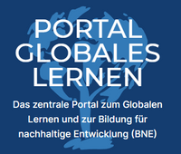 DAs Bild zeigt einen hellblauen Baum auf dunkelblauem Grund und darüber in weiß der Schriftzug "Portal Globales Lernen - Das zentrale Portal zum Globalen Lernen und zur Bildung für nachhaltige Entwicklung.