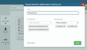 Screenshot von tutory.de: Neues Arbeitsblatt erstellen