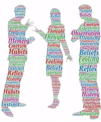 Das Bild zum Thema Konflikt zeigt die Silhouetten dreier Personen, die mit Worten zu Einstellungen und Werten gefüllt sind.