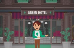 Das Bild zeigt eine Comicfigur vor dem Eingang eines Gebäudes, über dem ein Schild mit der Aufschrift Green Hotel prangt.