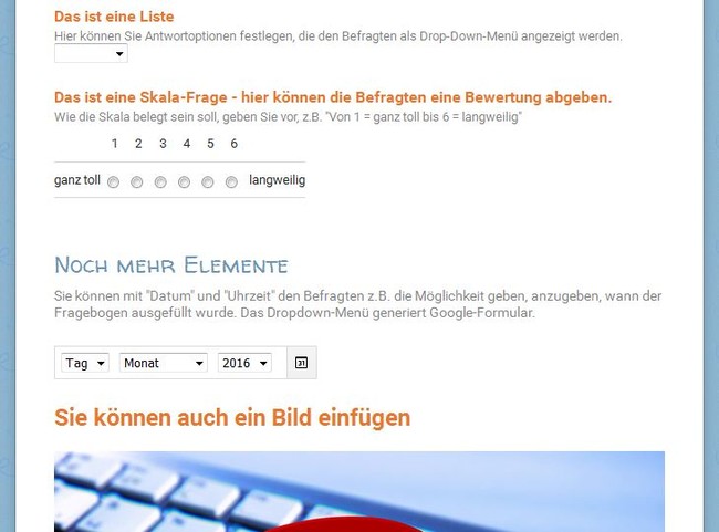 Screenshot einer Google Umfrage, die weitere Fragetypen zeigt.