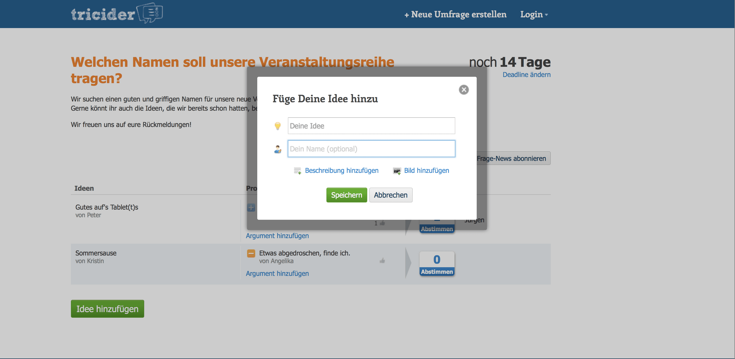 Tricider Idee hinzufügen Screenshot der Tricider-Seite für Idee hinzufügen
