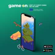 Das Bild zeigt eine Werbeaufnahme der App Climate Game mit einem Screenshot der geöffneten App und den Icons von App Store und Google Play.