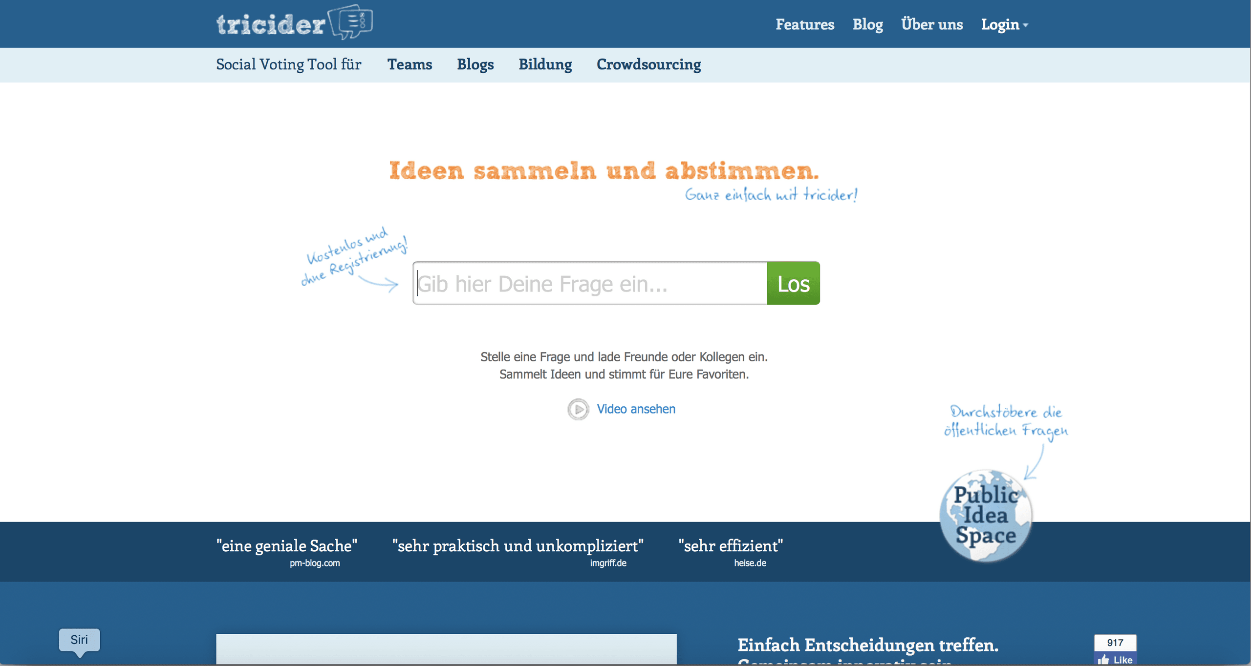 Tricider Startseite Screenshot der Startseite von Tricider