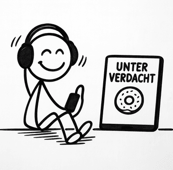 Ansichtsgrafik: Strichmännchen hört das Hörspiel "Unter Verdacht"