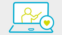 Das Bild zeigt ein Clipart von einem Laptop, in dessen Display eine Person mit Zeigestock zu sehen ist. Vor dem Laptop ploppt ein Herzicon auf.
