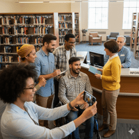 Das Bild zeigt eine Gruppe von Personen, die eine Ausleihszene in der Bibliothek beobachten und mit dem Smartphone filmen.