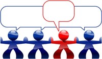 Lernen in Gruppen - hier dargestellt von vier graphischen Figuren in blauer und roter Farbe mit Sprechblasen.