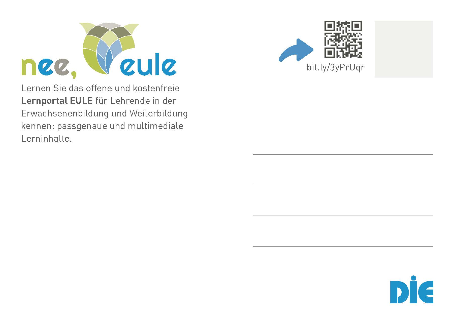 Das Bild zeigt die Rückseite einer Postkarte, auf dem neben Platz für eigenen Text ein QR-Code mit mehr Informationen zum EULE-Lernbereich platziert ist.