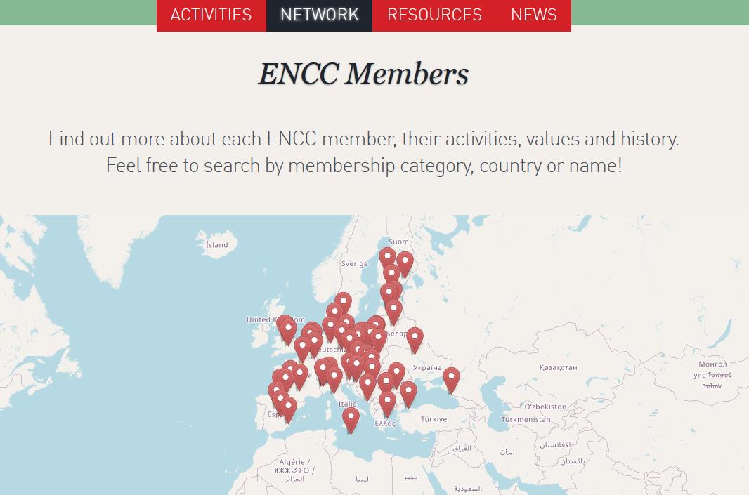 Die Karte zeigt das Netzwerk des European Network for Cultural Centres und seine Arbeit. 