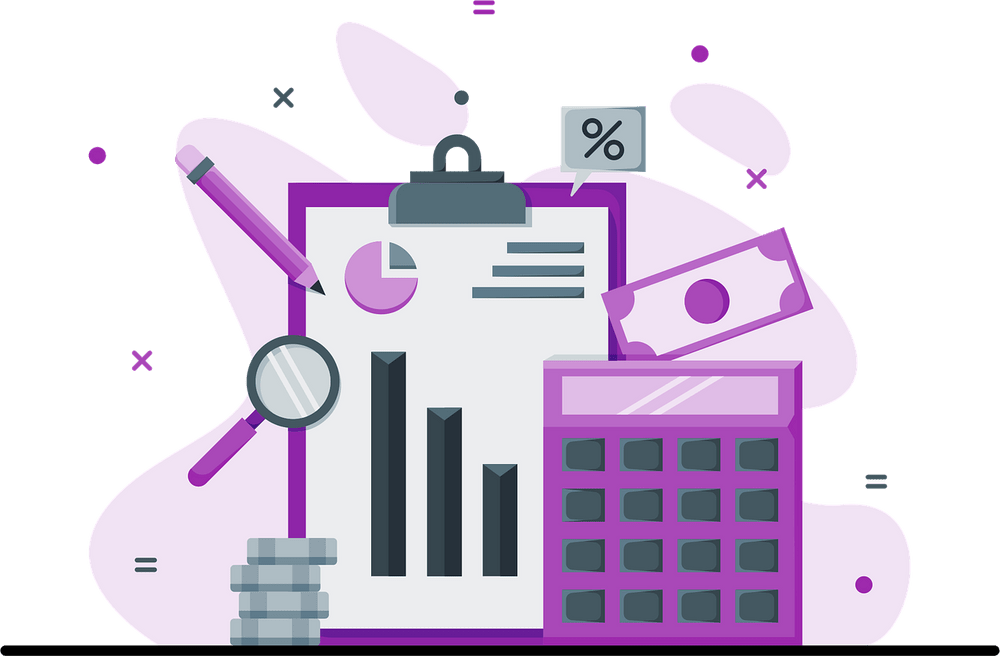 Die Grafik zeigt Elemente, die mit finanzieller Bildung in Verbindung gebracht werden können. Das sind zum Beispiel Geldmünzen, Taschenrechner sowie Daten.