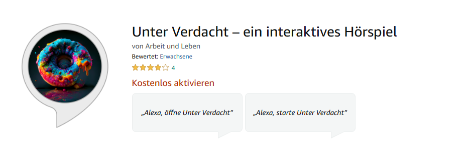 Screenshot von Amazon.de von der Übersichtsseite des "Unter Verdacht"-Skills